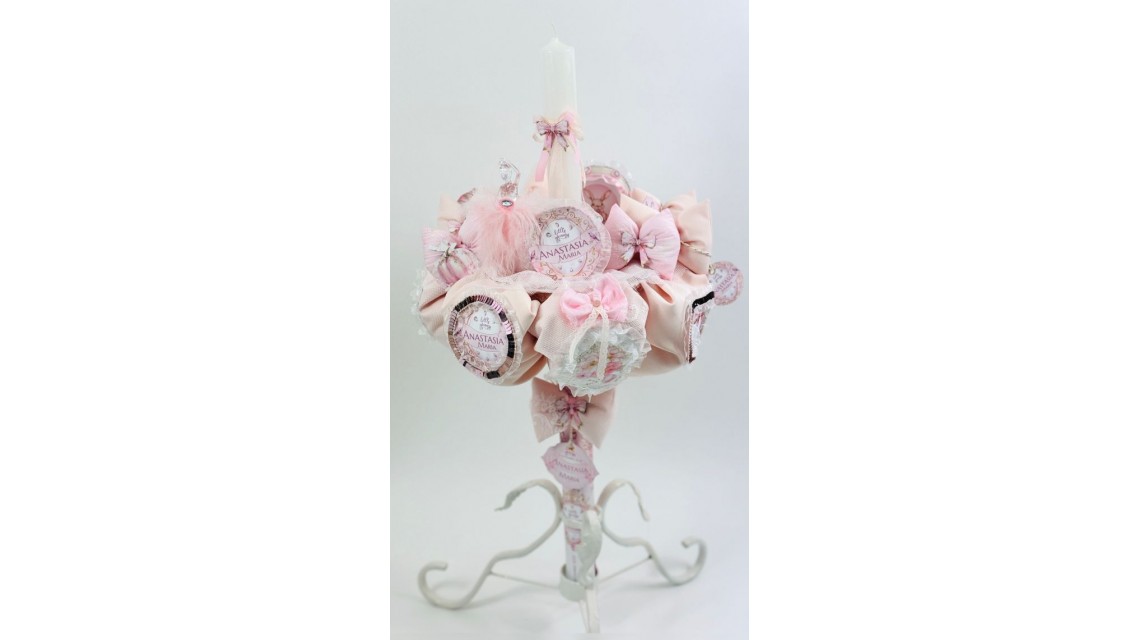 Princess Pink Lumânare de botez unicat din dantelă franțuzească 10